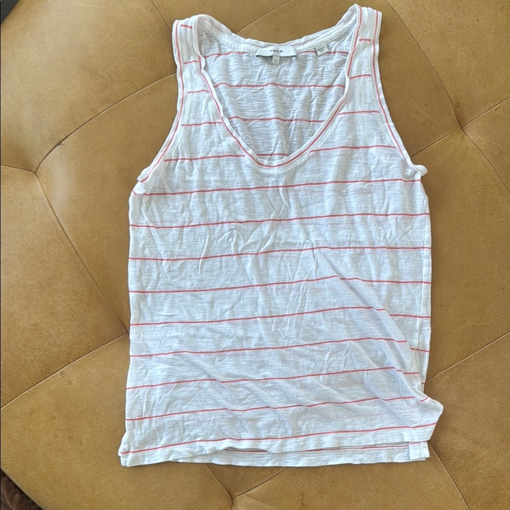 VINCE White Tank Top with coral Stripes